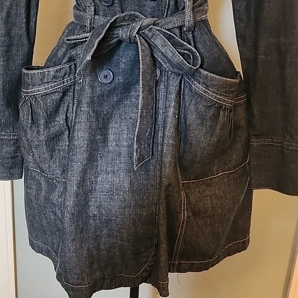 French Cuff Blue Demin Jeans Cotton Belt Pocket Trench Coat Jacket Women's Sz L - Picture 2 of 9